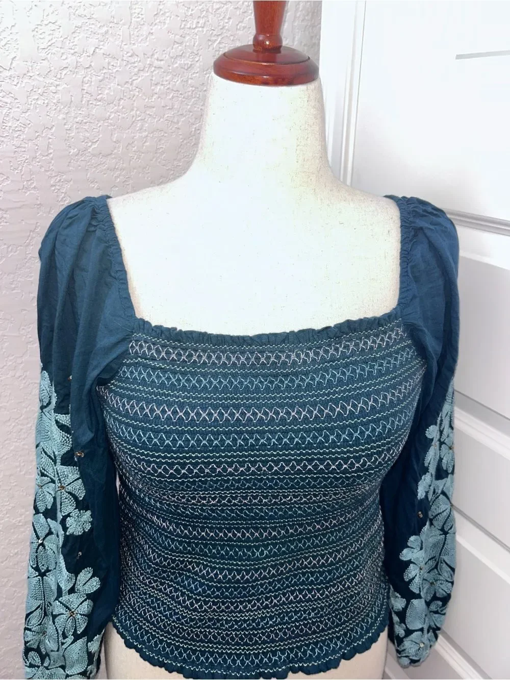 By Anthropologie Embroidered Embellished Statement Sleeve Smocked Shirt Top